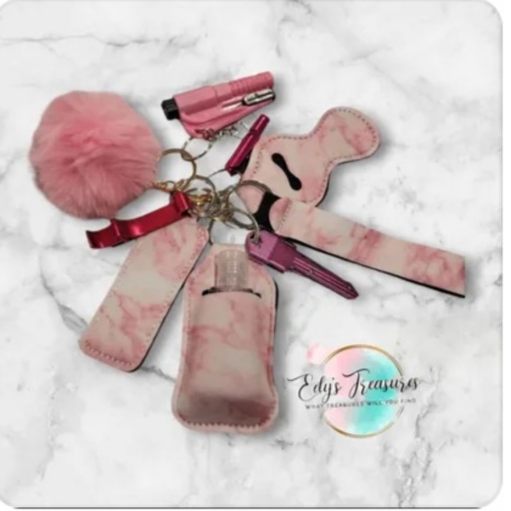 10-Piece Pink Marble Keychain Set Pom Pom Wristlet Accessories